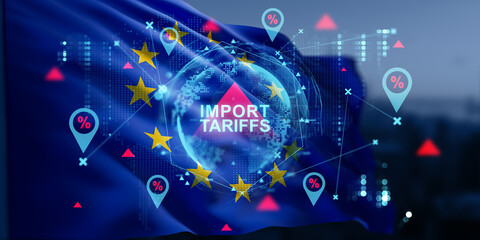 European import tariffs concept with data hologram and percentage icons over EU flag background representing economic trade regulations impact. 3D Rendering