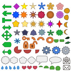 Diverse collection of colorful icons symbols and shapes for digital design projects