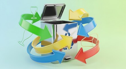 Conceptual image of a recycling bin surrounded by colorful arrows symbolizing the circular economy and environmental sustainability initiatives