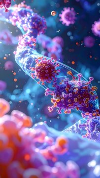 Colorful 3D illustration of viruses and DNA strands
