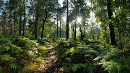 Obraz premium A forest with a path through it. The path is surrounded by trees and bushes. The sun is shining through the trees, creating a warm and inviting atmosphere