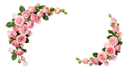 Delicate pink roses arranged in corner floral designs isolated on transparent background