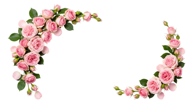 Delicate pink roses arranged in corner floral designs isolated on transparent background - Powered by Adobe