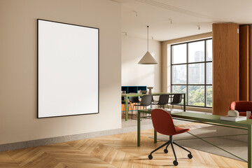Modern office interior with large blank poster on wall and stylish furniture near window overlooking cityscape in daylight. 3D Rendering