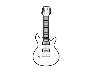 Fototapeta premium Black outline illustration of an electric guitar against a white background. Features a headstock, neck with frets, body with pickups, and control knobs