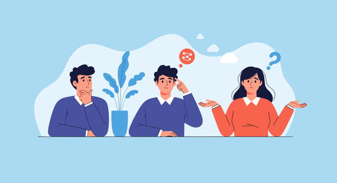 Three people thinking and confused with a question mark and lightbulb above their heads.