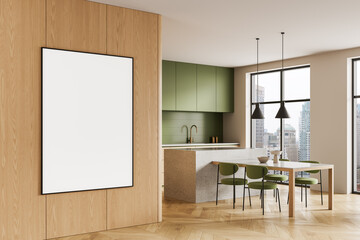 Modern kitchen interior with blank white poster on wooden wall partition and green cabinetry in bright apartment setting. 3D Rendering