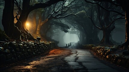 Fototapeta premium A Gloomy and Eerie Forest Path Illuminated by a Single Lantern with Silhouetted Figures in the Distance