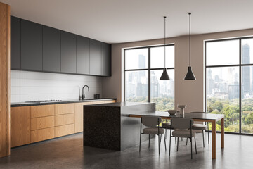 Modern kitchen interior with minimalist design, featuring wood and matte surfaces, large windows with city view and clean architectural background. 3D Rendering
