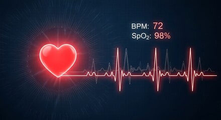 Glowing red heart symbol and vibrant red electrocardiogram heartbeat line with vital signs on dark background