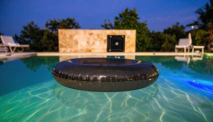 Black Torus Ring Floating in a Luminous Pool at Night