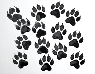 Fototapeta premium Black paw prints of various sizes are scattered on a white background, suggesting animal tracks