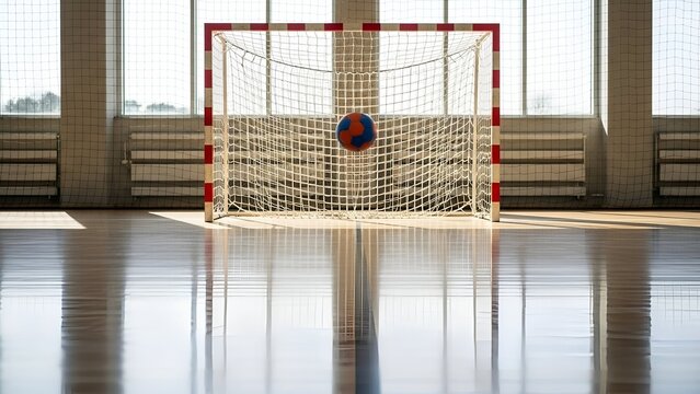 Indoor Handball Goal with Ball in Modern Gymnasium Bright Natural Light