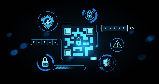 Glowing QR code scan and cybersecurity concept with digital lock icons, password bars, and shield symbols on futuristic blue background. 3D Rendering