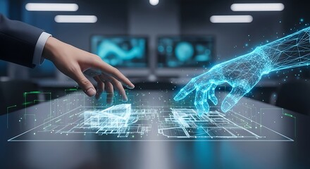 Businessman interacts with a holographic interface in a modern office, showcasing future technology and innovation with a sense of progress and advancement.