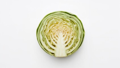 Obraz premium Half-cut cabbage showing inner layers and natural texture, isolated on a pure white background. Ideal for healthy food design and fresh produce visuals.