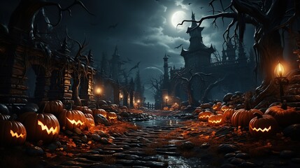 Obraz premium A hauntingly beautiful moonlit Halloween night scene with carved pumpkins lining a path leading to a mysterious castle