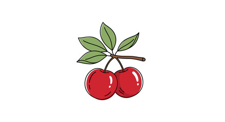 A pair of red cherries hanging from a stem with green leaves.