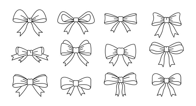 A collection of hand drawn decorative bows for gift wrapping and crafting.