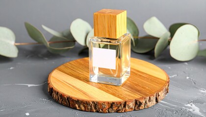 Elegant Perfume Bottle Mockup with Wood Cap on Marble