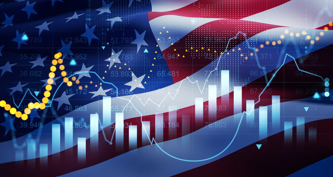 Double exposure concept of American flag with financial charts and data analytics representing economy, investment, and market growth in the USA. 3D Rendering