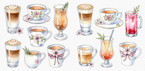 Watercolor illustration of various hot and cold beverages in decorative cups and glasses with floral accents.