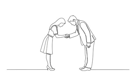 Continuous line drawing of businessman and businesswoman handshaking illustration
