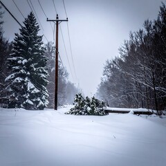 Snowy landscape with tall power lines against a cloudy, winter sky