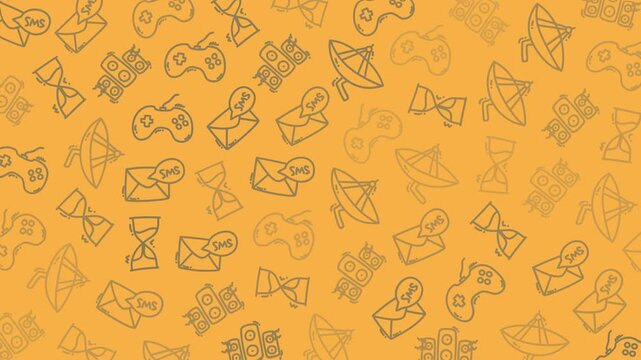 Orange technology doodle pattern background featuring hand drawn game controllers SMS envelopes speakers and satellite icons perfect for digital art projects or World Communication Day design themes - Powered by Adobe