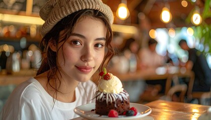 Woman Enjoying Chocolate Dessert in Cafe