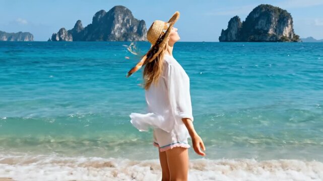 Caucasian woman with open arms on a tropical beach