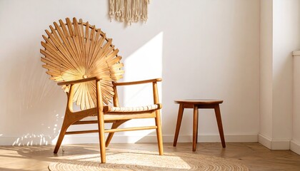 Mid Century Modern Teak Chair with Sunburst Back in Warm Sunlight