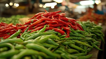 Closeup of red and green chili peppers on display for sale