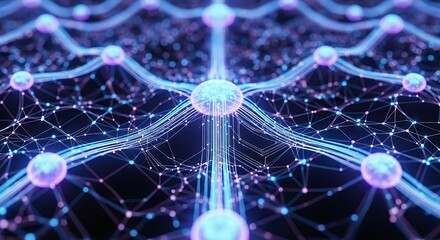Abstract neural network connecting glowing nodes in cyberspace representing artificial intelligence and machine learning with futuristic feel.