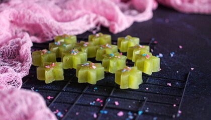 Star-Shaped Green Jellies with Pastel Sprinkles on Dark Background