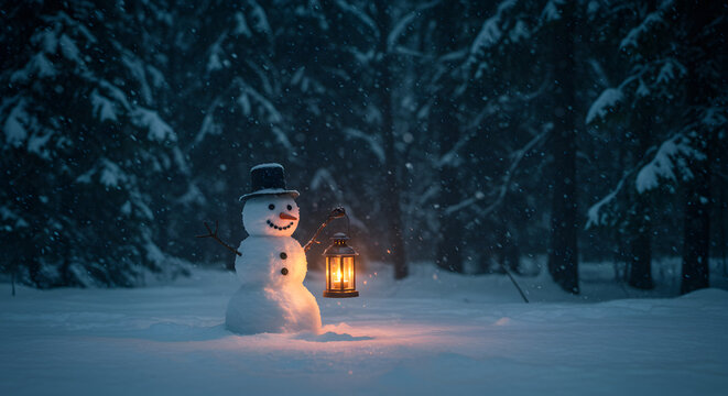 Charming snowman radiating holiday cheer with a softly glowing lantern in a snowy forest scene, bringing a touch of warmth and magic to the winter wonderland landscape