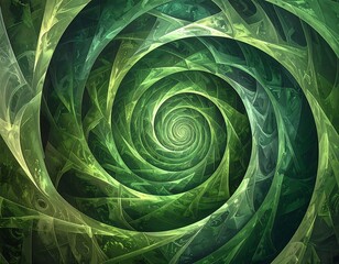 Spiraling, geometric artwork with shades of green, suggesting growth