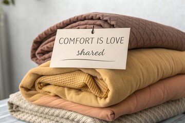 Neatly Folded Blankets Stacked with a Simple Message