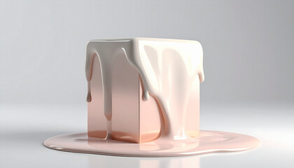 Abstract cube with dripping paint effect in a minimalist studio setting.