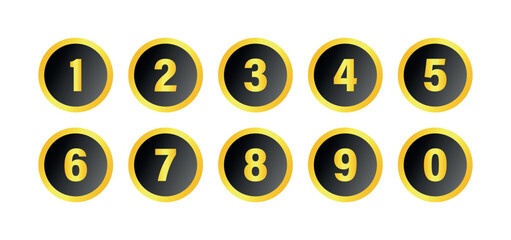 Gold Rim Number Button Icons, Black Circular 0–9 Numeric Set for UI, Web, App, Dashboard and Infographics