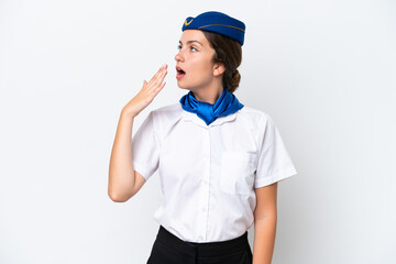 Airplane stewardess caucasian woman isolated on white background yawning and covering wide open mouth with hand