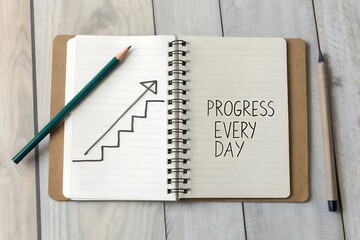 Open notebook with pencil showing upward progress diagram