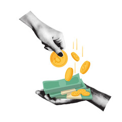 Two hands in halftone style holding gold coins and paper money, isolated on a transparent background. Concept of finance, payment, donation, and savings. Vector collage in mixed media.