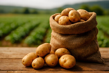 Freshly Harvested Potatoes in Burlap Sack on Farm Field Background
