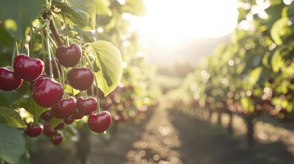 Rows of bright red cherries growing on trees in the sunlight