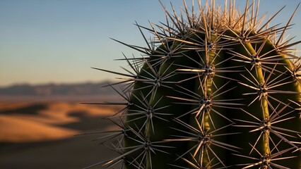 Close Up of Spiky Green Cactus in Desert Landscape During Sunset