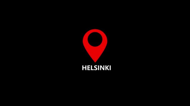 location of the city of Helsinki ,the name of the place with the location has been displayed, sign animated with alpha channel 4k video GPS location tracking icon .