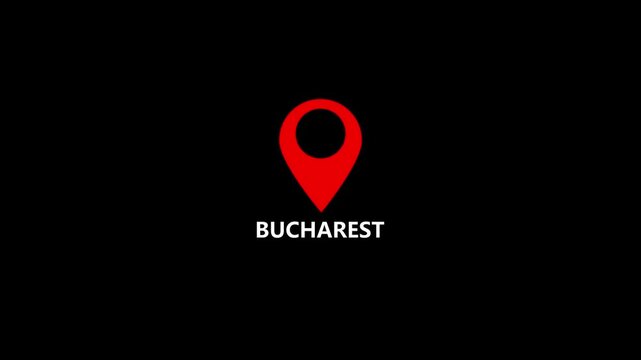 location of the city of Bucharest ,the name of the place with the location has been displayed, sign animated with alpha channel 4k video GPS location tracking icon .