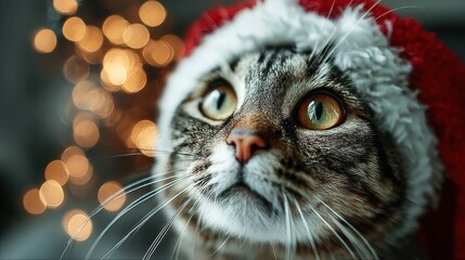 Adorable tabby cat wearing a festive Santa hat with bright bokeh lights creates a warm, cozy holiday feeling and is perfect for Christmas campaigns