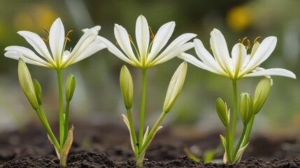 Obraz premium White Spider Lilies Emerging from Rich Dark Soil